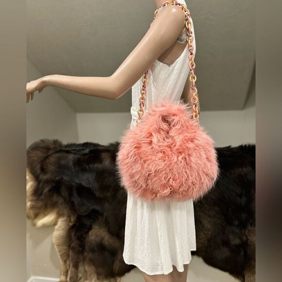 Flamingo Pink Real Curly Shearling Handmade Top HandleBag/Shoulder Bag/Crossbody - Picture 3 of 16
